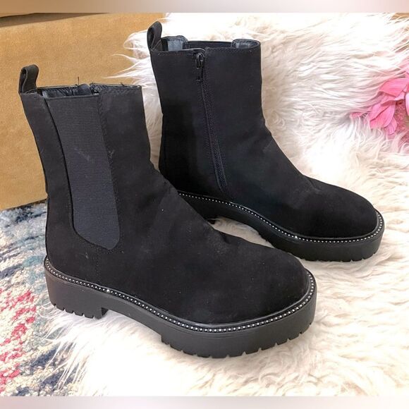 Time & True Faux Suede Boots Rhinestone Trim 6 - Picture 1 of 7